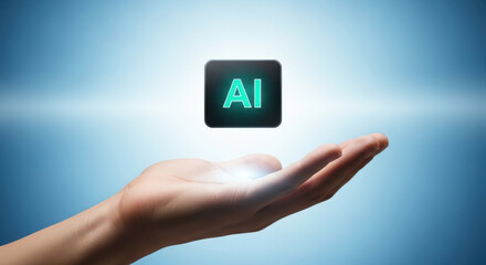 AI in the Palm of Your Hand Conceptual Image of a Hand Holding a Glowing AI Icon Representing the Power and Potential of Artificial Intelligence Technology