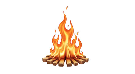 Isolated campfire, illustration, outdoor bonfire, wooden sticks, bright flames and warm light