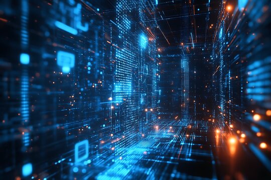 Abstract futuristic digital cityscape with glowing blue neon lights and data streams