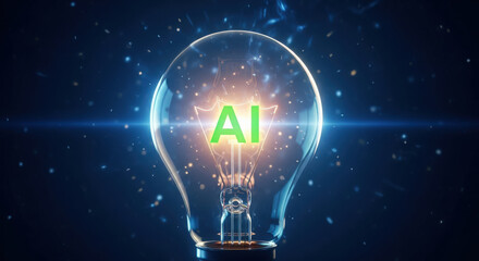 AI Innovation Lightbulb with Glowing Green Text, Symbolizing Creative Solutions, Technological Advancement, and Bright Ideas in Artificial Intelligence Field