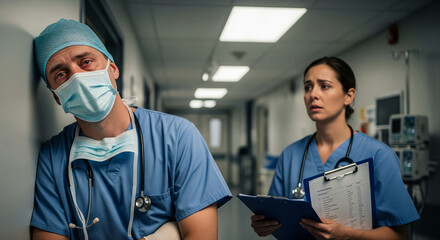 Tired doctor with mask on face after surgery close up. Healthcare, stress and test results in emergency surgery. Medical, mental fatigue and nurse in clinic in medical clothes, anxiety and bad news 