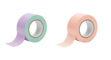 Two rolls of pastel colored adhesive tape in lavender and peach with a mint and cream core on a white background, great for crafting and DIY projects