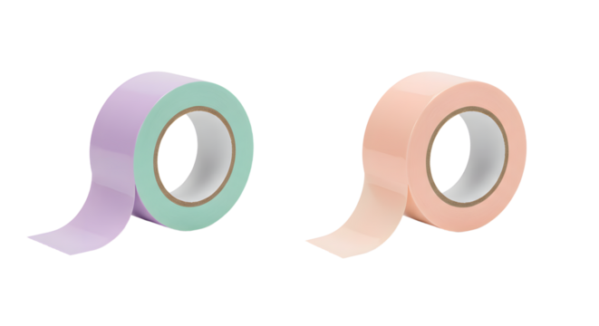 Two rolls of pastel colored adhesive tape in lavender and peach with a mint and cream core on a white background, great for crafting and DIY projects