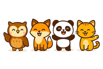 Fototapeta premium Cute Animal Mascot Vector Collection with Owl Fox Panda and Cat in Colorful Cartoon Style for Kids Stickers