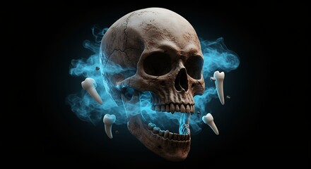 Realistic skull graphic with glowing blue wisps and detached teeth on dark background