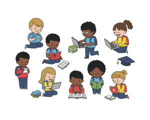 Diverse group of children of various ethnicities and genders engaged in reading and learning activities in a bright and cheerful illustration