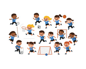 Diverse group of energetic cartoon children actively participating in various sports and outdoor recreational activities together