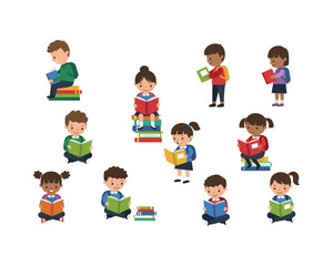 Diverse group of cheerful cartoon children of various ethnicities and genders engrossed in reading books sitting and standing