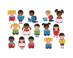 Diverse group of happy young children of various ethnicities and genders engrossed in reading books together