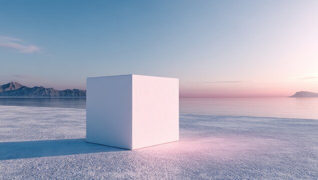 Blank white cube on a snowy shore at sunrise.