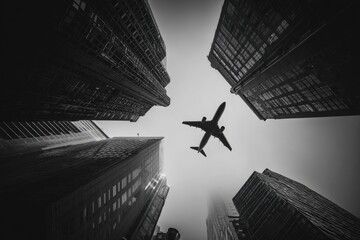Low-angle view of a jetliner flying over towering skyscrapers, black and white