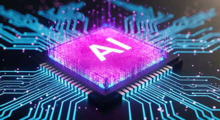 AI Microchip Technology A Close-Up of a Glowing Purple AI Chip on a Circuit Board with Blue Light Trails Representing Advanced Computing Power