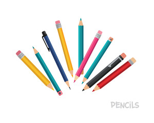 A vibrant collection of assorted colored pencils arranged in a fan shape on a clean white background for creative projects