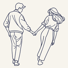A couple holding hands walking away from the viewer in a minimalist line art style against a neutral background