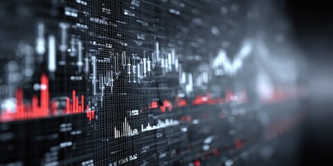 Abstract data visualization featuring a complex graph and charts on a dark, blurred background