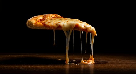 Slice of pizza with melted cheese isolated against a dark background