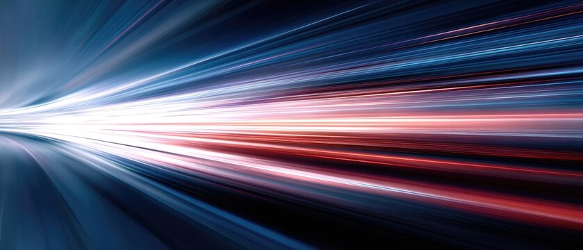 Dynamic light streaks create a tunnel effect, with shades of blue, red, and white. Abstract, fast