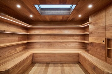 Obraz premium A warm and inviting corner nook boasts built-in, light-filled shelving, showcasing a sophisticated design.