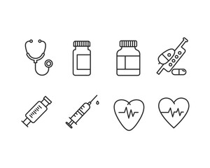 Collection of hand drawn medical icons featuring a stethoscope pills syringes and heartbeat ekg lines