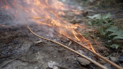 Fototapeta premium Close-up of a fire burning on the ground. the fire appears to be burning brightly, with orange and yellow flames and thick smoke rising up into the air.