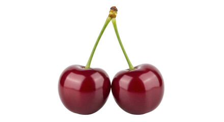Isolated pair of ripe red cherries with stems, fresh fruit for dessert, healthy food item