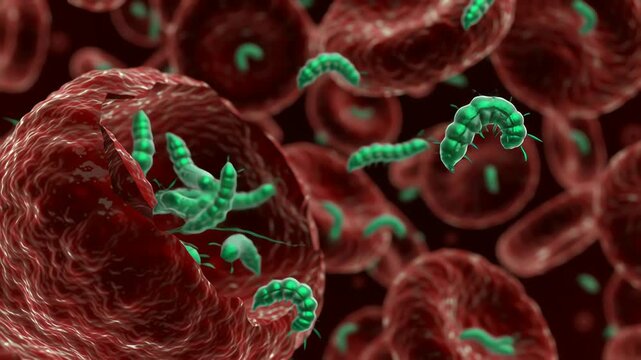 Plasmodium parasite invading red blood cells, rupture releasing new protozoa