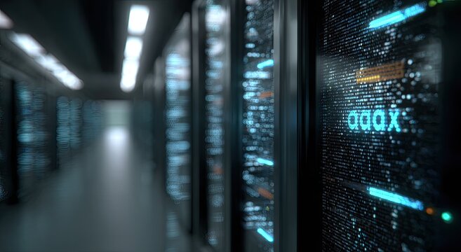 A perspective view of a server room with data servers and computer code displayed - Powered by Adobe