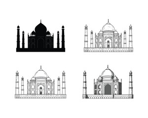 Collection of four distinct artistic representations of the taj mahal showcasing silhouette and detailed architectural line drawings