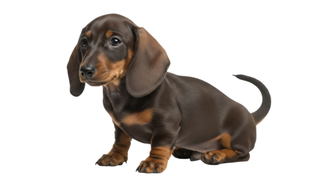 Isolated brown and tan Dachshund puppy is sitting down looking to the left side sweet