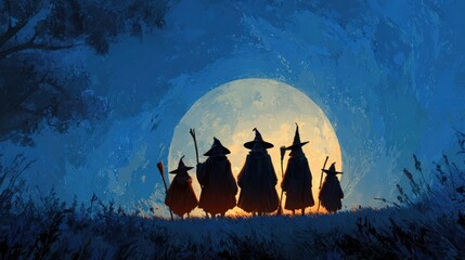 Painterly Silhouette of Witches Under Full Moon – Mystical Halloween Night Illustration