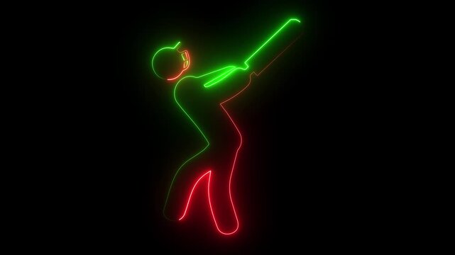 Green red neon glowing cricket batsman hitting shot icon, sports player symbol animation on a black background.