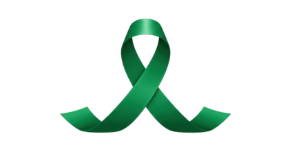 Isolated emerald green ribbon symbol for liver cancer, organ donation awareness campaign