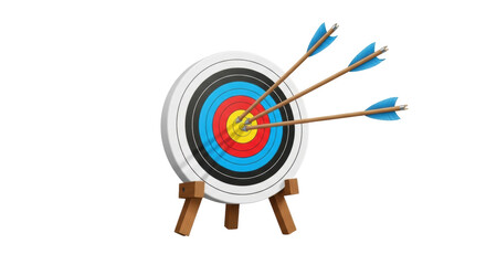 Isolated archery target on stand with arrows centered, hitting bullseye success concept © Sindre