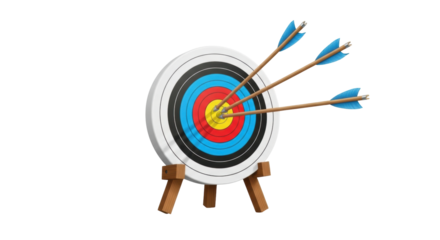 Isolated archery target on stand with arrows centered, hitting bullseye success concept