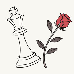 A stylized illustration of a fallen white chess king piece next to a red rose with dark leaves on a light background