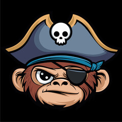Fototapeta premium Cartoon monkey head wearing a pirate hat and eye patch, with a stern expression.
