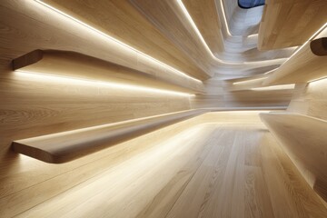 A serene, minimalist interior space, highlighted by curved wooden walls and warm lighting, exudes tranquility and sophistication.