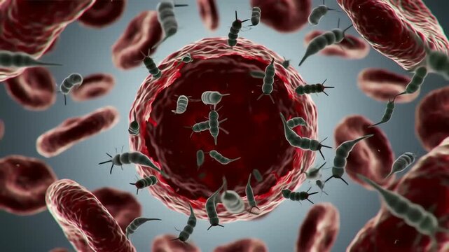 Plasmodium parasite invading red blood cells, rupture releasing new protozoa