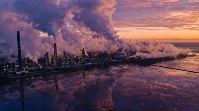 Aerial drone view of paper and pulp industry at dawn, chimneys with steam rising, reflecting industrial power and forestry-based economy
