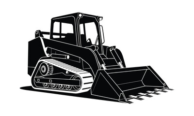 Naklejka premium Black Silhouette of a Skid Steer Loader with Tracks and Bucket on a White Background compact track loader