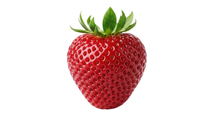 Isolated fresh strawberry close up, red juicy fruit with seeds and green leaves, dessert food