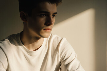 Fototapeta premium Young male in white shirt with dramatic lighting portrait