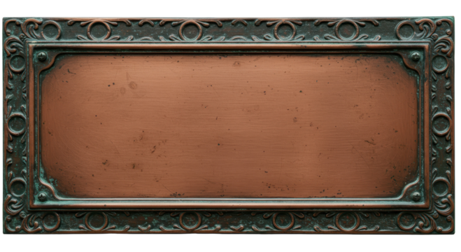 Antique Copper Plaque: An aged and ornate copper plaque, exhibiting intricate detailing and a lustrous patina, ready to receive a personalized inscription.