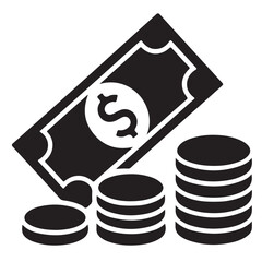 A black and white icon representing a banknote with a dollar sign and stacks of coins, isolated on white background technology background