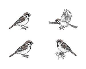 Detailed ink sketch illustrations of four house sparrows in various poses showing perching and flying actions isolated on white