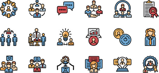 Creative Color Thin Line Teamwork and Communication Outline Icon Set