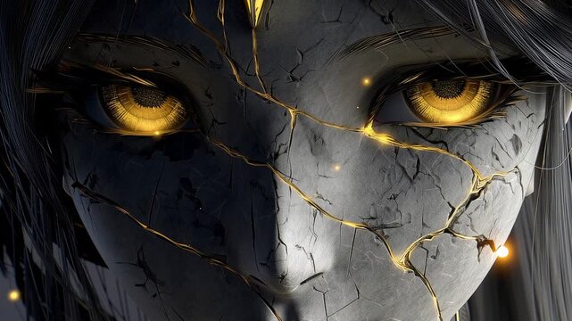 Close-up of a cracked stone female face with glowing golden eyes and light emitting from the cracks, Anime style illustration (ひび割れから光が放たれる、輝く金色の目を持つひび割れた石の女性の顔のクローズアップ、アニメ風イラスト)
