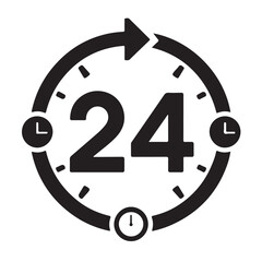 24 hour service clock icon with arrow and timer symbols, isolated on white background technology background