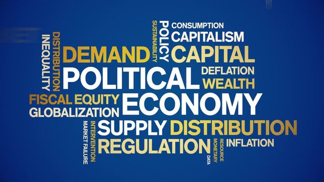 Political Economy animated word cloud-text design animation tag kinetic typography seamless loop.