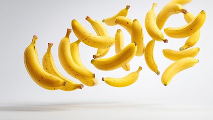 Fresh bananas in mid-air, a light yellow hue, speckled with brown spots, against a plain white background